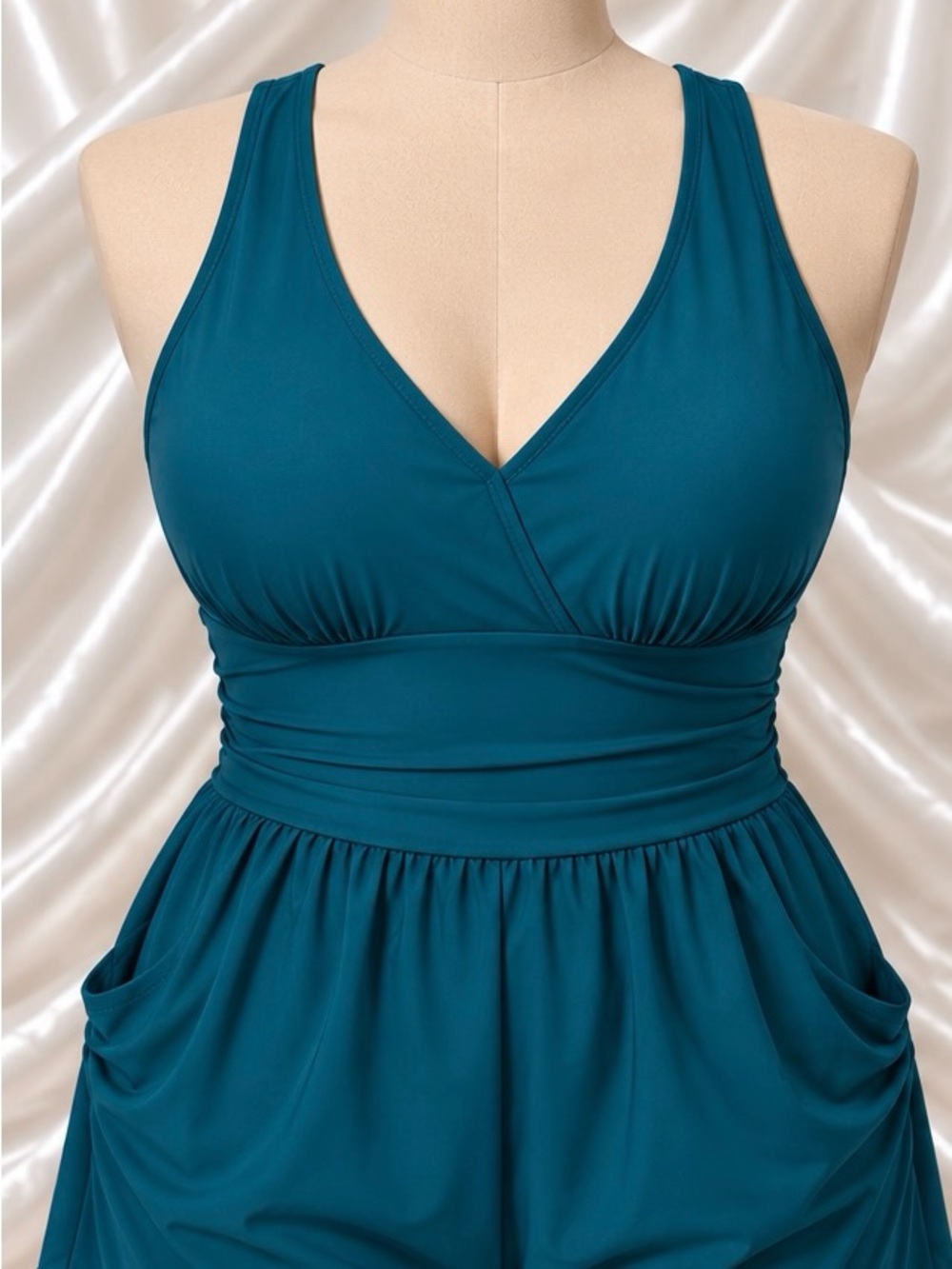 Women's Teal Tummy Control V-Neck Romper swimsuit with pockets L 12-14